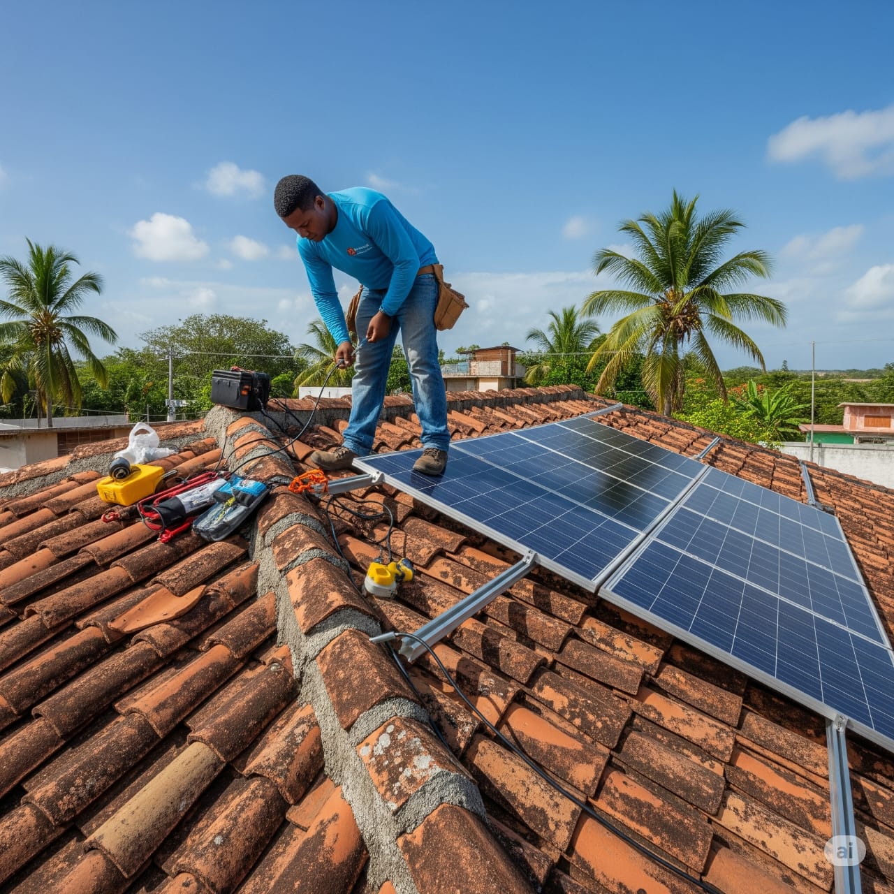 Ingeniero instalando paneles solares en RD